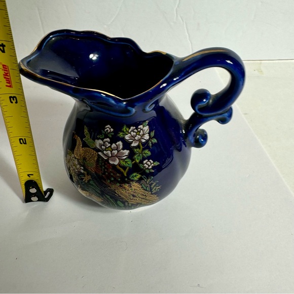 Vintage Cobalt Blue Pitcher creamer decorated with gold trim and two Peacocks - Picture 9 of 10